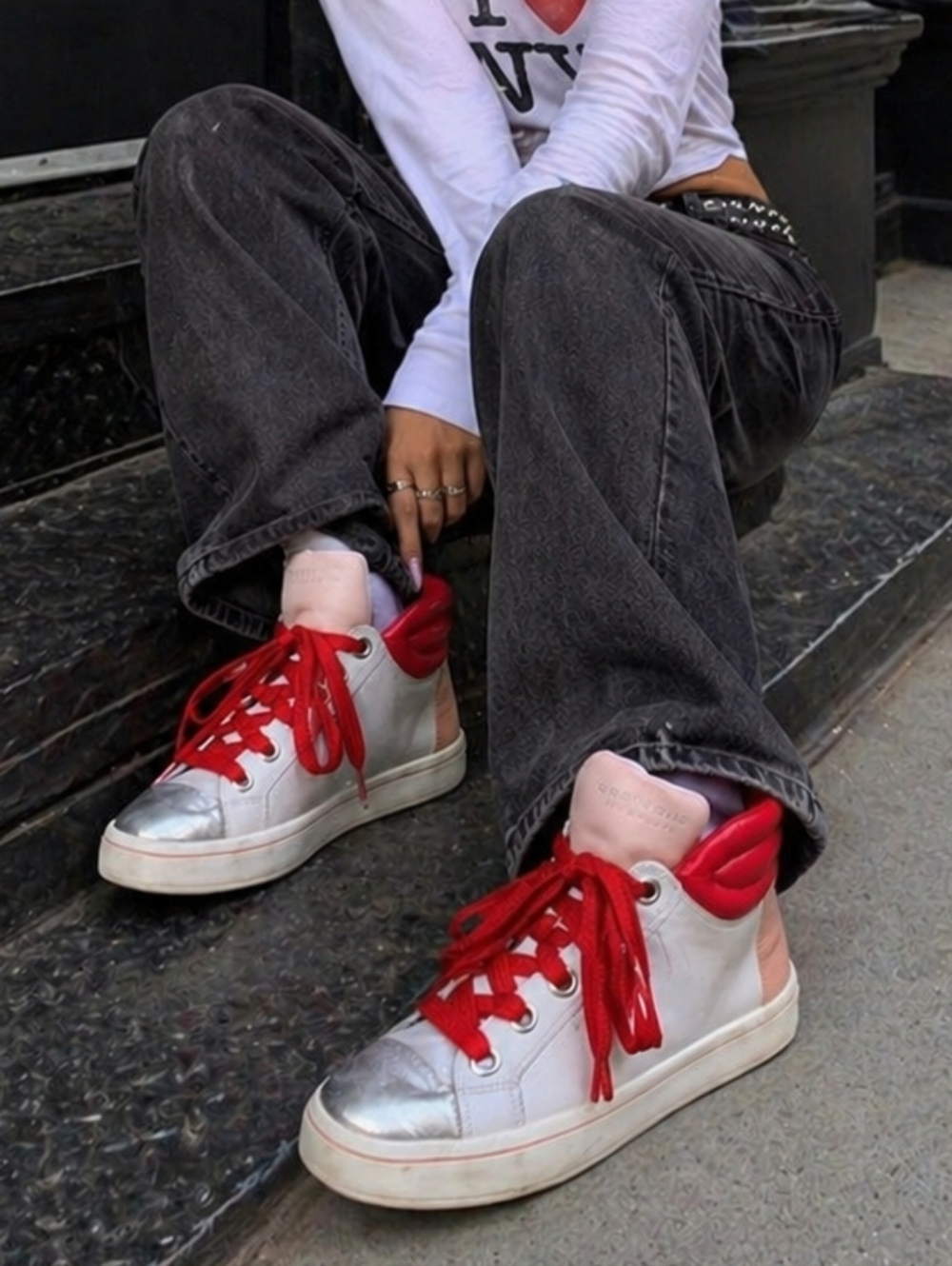 Skechers Size 10 HI LITES BLOCK POPPERS Red White Silver Leather Sneakers Womens